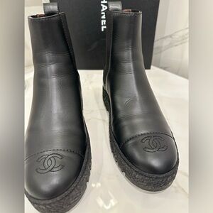 CHANEL Black Leather Chelsea Booties